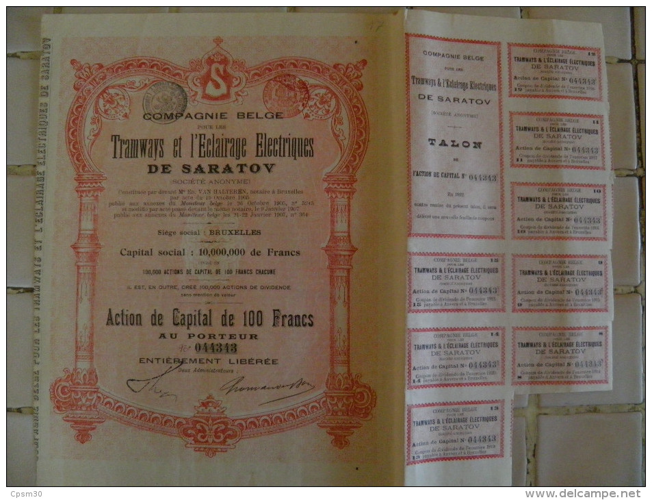 Action Capital 100 Fr - Tramways Et Eclairage De SARATOV Plus Tramways De Kiev - Deux Actions 1905  Et 1907 - Spoorwegen En Trams