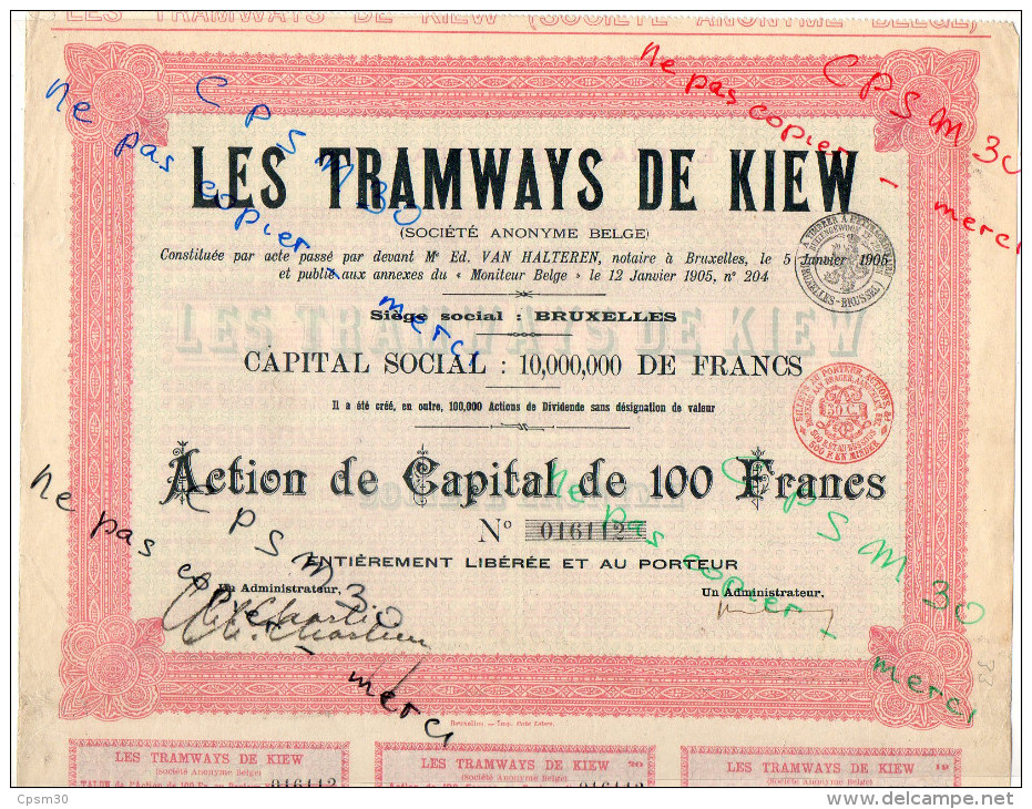 Action Capital 100 Fr - Tramways Et Eclairage De SARATOV Plus Tramways De Kiev - Deux Actions 1905  Et 1907 - Chemin De Fer & Tramway