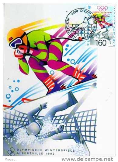 Carte 1° Jour, Timbre,obliteration,Jeux Olympiques Hiver Albertville Ski, Liechtenstein - Jeux Olympiques