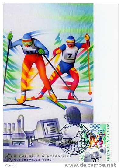 Carte 1° Jour, Timbre,obliteration,Jeux Olympiques Hiver Albertville Ski De Fond, Liechtenstein - Olympic Games