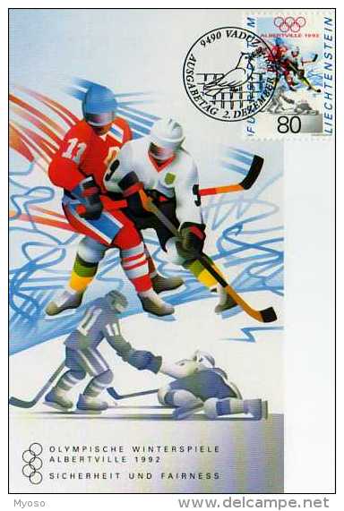 Carte 1° Jour, Timbre,obliteration,Jeux Olympiques Hiver Hockey Sur Glace,Albertville, Liechtenstein - Jeux Olympiques