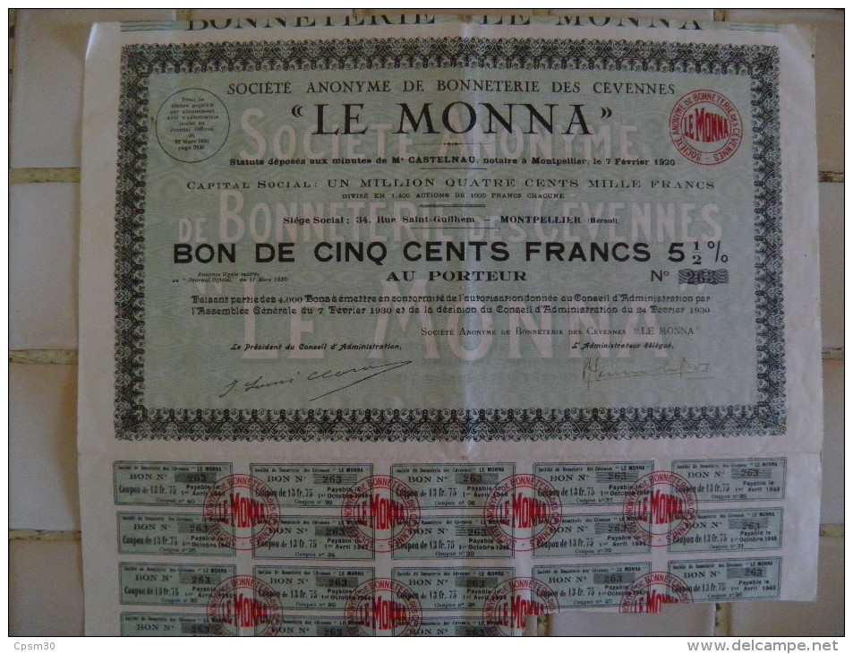 Action - Bon De Cinq Cent Fr - Sté Anonyme Bonneterie Des Cevènnes "MONNA" En 1400 Action Siège Montpellier 34 Hérault - M - O