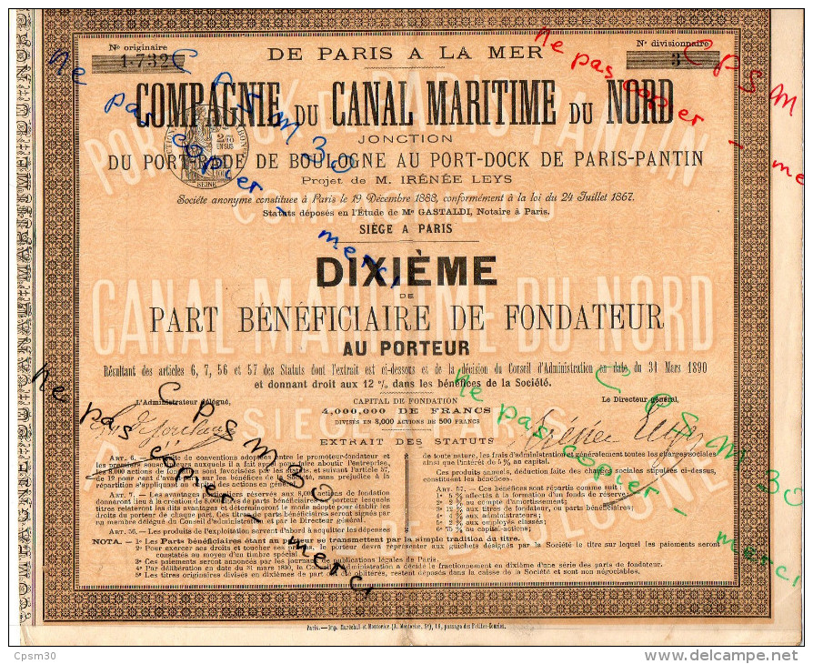 Action - Compagnie Du Canal Maritime Du Nord - Port-Rade De Boulogne Au Port-Dock De Paris-Pantin Cinq Dixième (5) - Ferrocarril & Tranvías