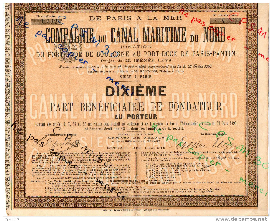 Action - Compagnie Du Canal Maritime Du Nord - Port-Rade De Boulogne Au Port-Dock De Paris-Pantin Cinq Dixième (5) - Chemin De Fer & Tramway