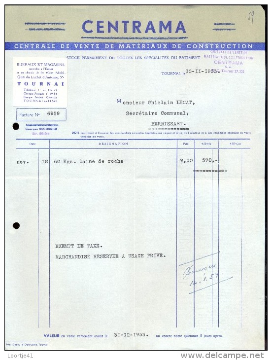 Factuur Facture Brief Lettre  - Centrama Tournai 1953 - 1950 - ...