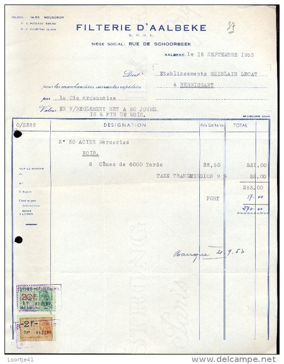 Factuur Facture Brief Lettre  - Filterie D' Aalbeke 1953 - 1950 - ...