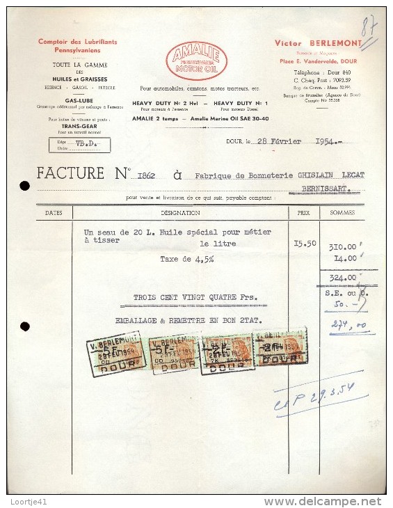 Factuur Facture Brief Lettre  -Amalie Motor Oil - Victor Berlemont - Dour 1954 - 1950 - ...