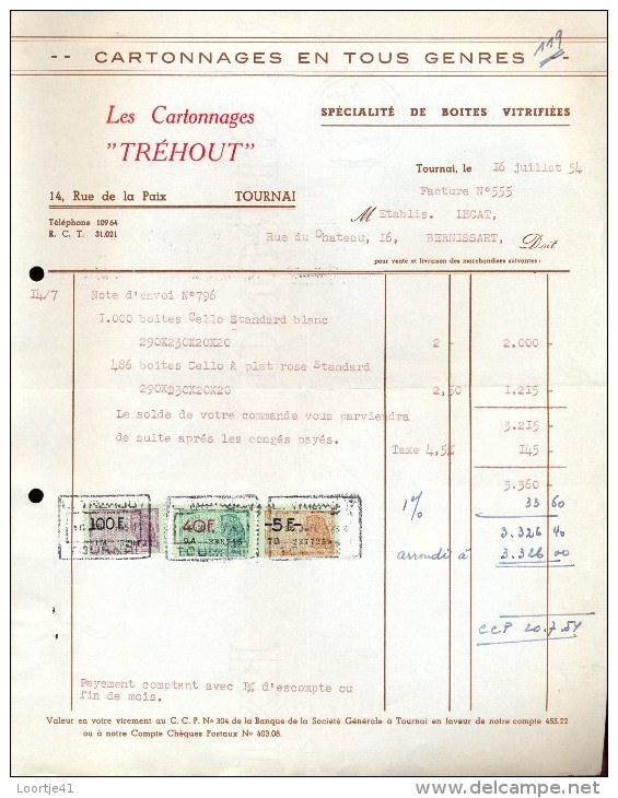 Factuur Facture Brief Lettre  - Cartonnages Tréhout Tournai Doornik 1954 - 1950 - ...