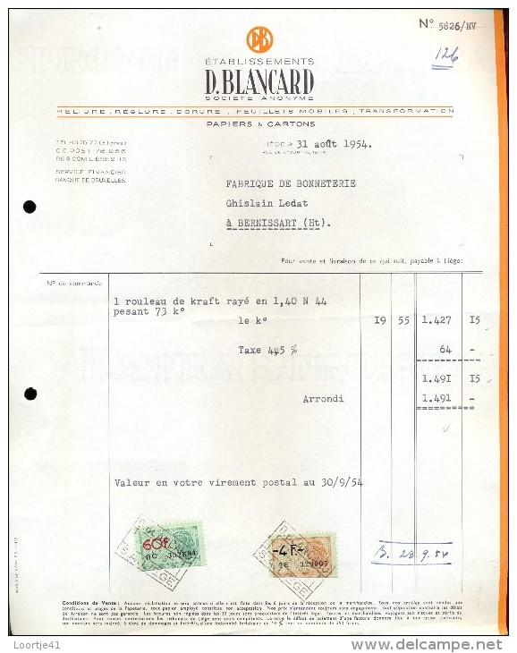 Factuur Facture Brief Lettre  - Papier Carton Blanchard - Liège 1954 - 1950 - ...