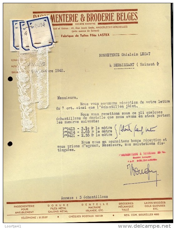 Factuur Facture Brief Lettre  - Passementerie & Broderie Belges - Anderlecht Bruxelles 1948 - 1900 – 1949