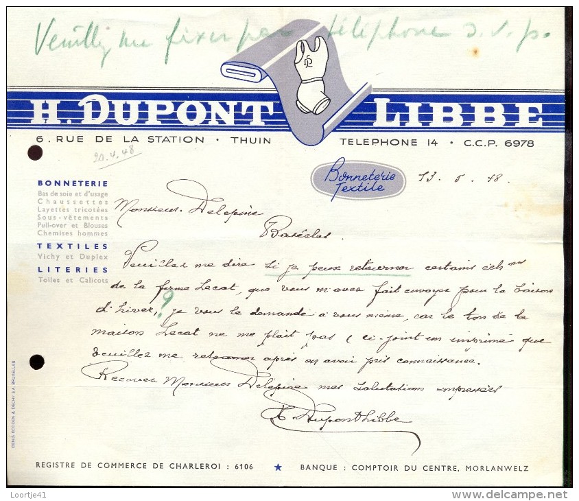 Factuur Facture Brief Lettre  - Bonneterie Dupont Libbe - Thuin 1948 - 1900 – 1949