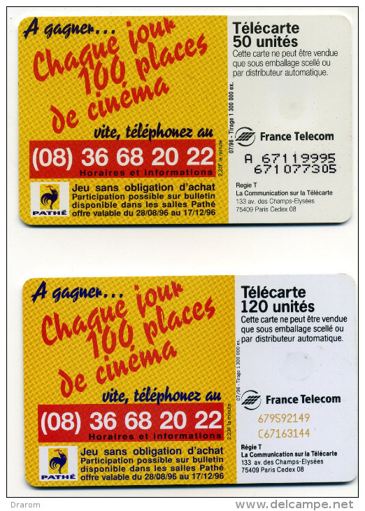 Lot 2 Télécartes Pathé Une Nouvelle Génération De Cinémas 50 Justifié Droite 120 07/96 (lot 17) - Verzamelingen