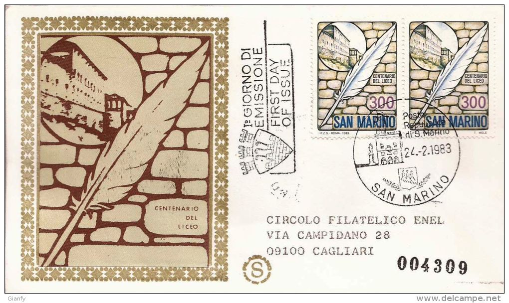 1983 CENTENARIO LICEO DI STATO FDC SAN MARINO FILAGRANO GOLD - FDC