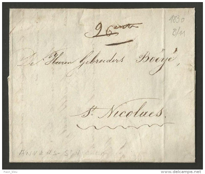 Belgique - Précurseur LAC De Anvers Vers St Nicolas Du 08/11/1830 - Pas De Cachet Postal - Révolution Contre Pays-Bas - 1830-1849 (Onafhankelijk België)