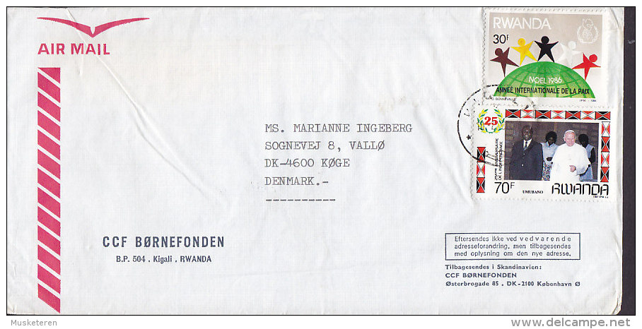 Rwanda Airmail Par Avion BØRNEFONDEN Kigali 1987? Cover Lettre To VALLØ, KØGE Denmark Pope Pabst Stamp - Other & Unclassified