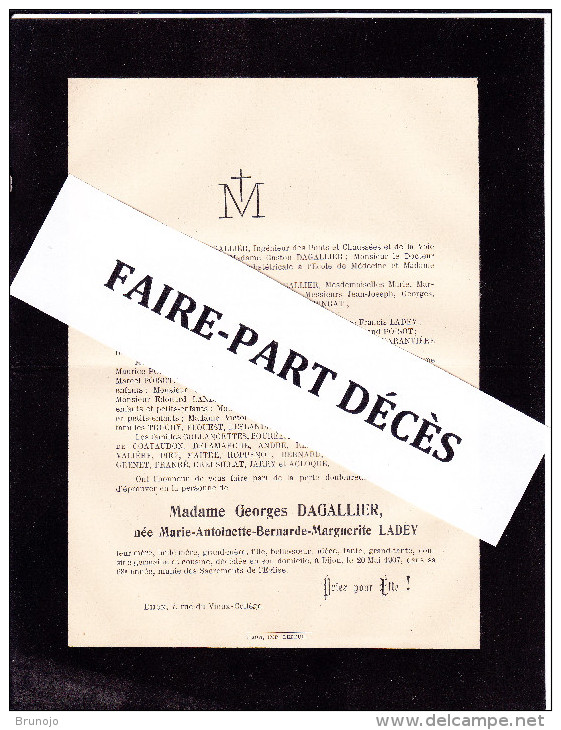 Faire-part Décès Mme Georges DAGALLIER, Née Marie-Antoinette-Bernarde-Marguerite LADEY, Dijon, 1907 - Obituary Notices