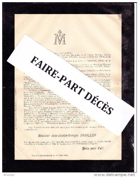 Faire-part Décès M. Jean-Josephe-Georges DAGALLIER, Genève, 1889 - Obituary Notices