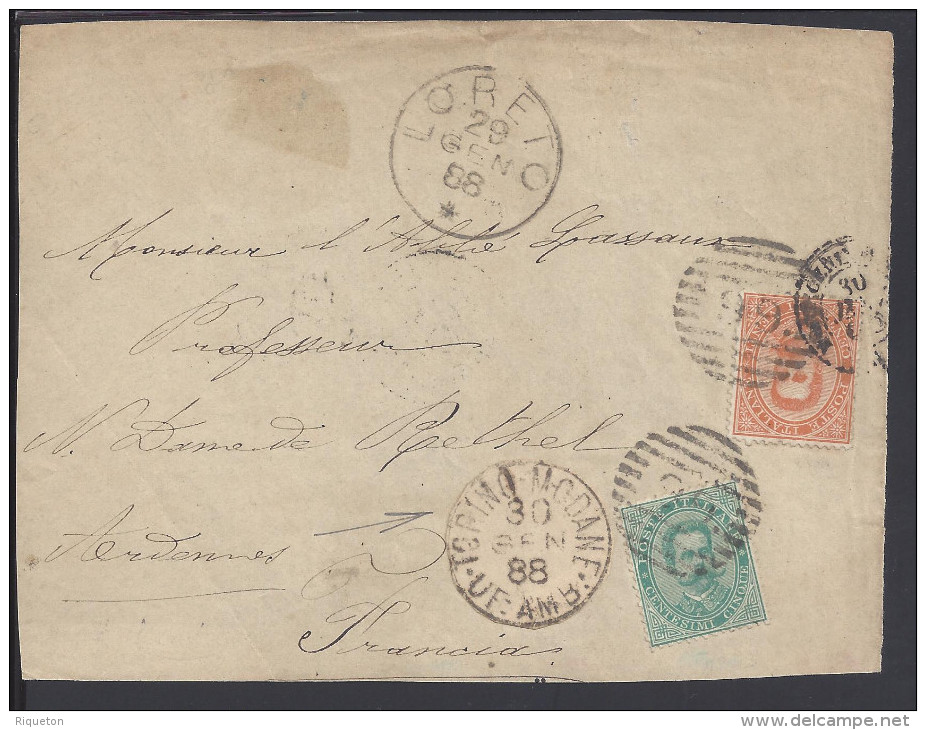 ITALIE - 1888 - DEVANT DE LETTRE - AFFRANCHISSEMENT HUMBERT 1er - CORRESPONDANCE DE LORETO POUR NOTRE DAME DE RETHEL -FR - Marcophilie