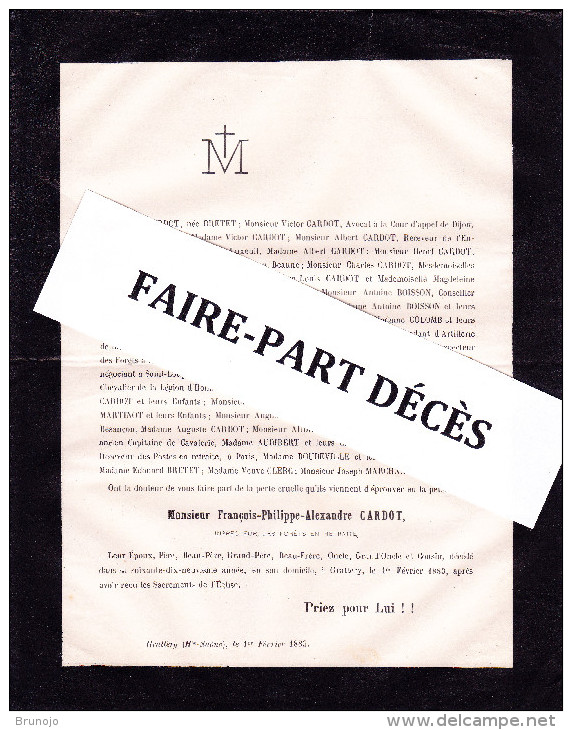 Faire-part Décès François Philippe Alexandre CARDOT Inspecteur Des Forêts En Retraite, Grattery, 1883 - Décès