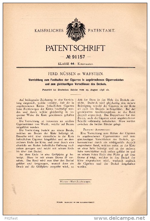 Original Patentschrift - Ferd. Müssen In Warstein B. Soest , 1896 , Vorrichtung Für Cigarrenkisten , Cigarre , Tabak !!! - Empty Cigar Cabinet