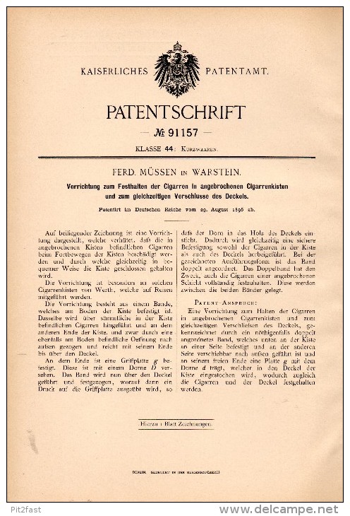 Original Patentschrift - Ferd. Müssen In Warstein B. Soest , 1896 , Vorrichtung Für Cigarrenkisten , Cigarre , Tabak !!! - Sigarenkisten (leeg)