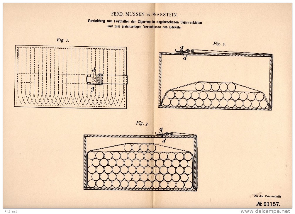 Original Patentschrift - Ferd. Müssen In Warstein B. Soest , 1896 , Vorrichtung Für Cigarrenkisten , Cigarre , Tabak !!! - Zigarrenkisten (leer)