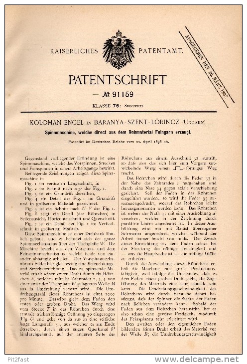 Original Patentschrift - Koloman Engel In Szentlörinc / Baranya , 1896 , Spinnmaschine Für Feingarn , Spinnerei !!! - Máquinas