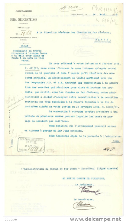 Brief  "Compagnie Du Jura Neuchatelois"             1905 - Spoorwegen En Trams