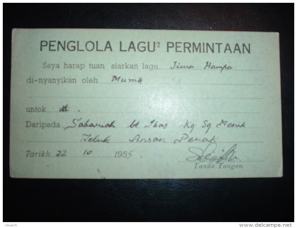 CARTE TP 6C OBL. 25 OCT 55 TELUKANSON POUR RADIO MALAYA - Fédération De Malaya