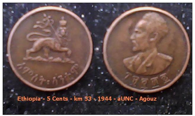 Ethiopia - 5 Cents - Km 33 - 1944 - AUNC - Agouz - Ethiopie