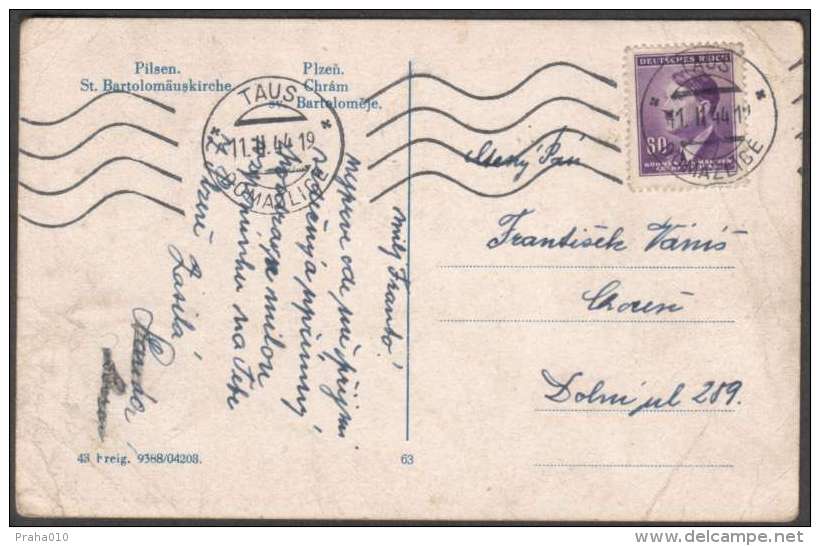 BuM1363 - Böhmen Und Mähren (1944) Taus - Domazlice (machine Postmark) Postcard, Tariff: 60h (stamp: Adolf Hitler) - Briefe U. Dokumente