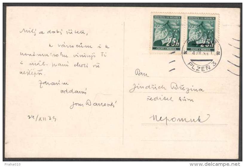 BuM1270 - Böhmen Und Mähren (1939) Pilsen 3 - Plzen 3 (machine Postmark) Postcard, Tariff: 50h (stamp: 2x 25h) - Briefe U. Dokumente