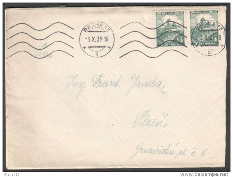 BuM1241 - Böhmen Und Mähren (1939) Praha 13 (czech. Postmark) Letter, Tariff: 1,00 K (stamp: 2x 50h Castle Karlstejn) - Briefe U. Dokumente