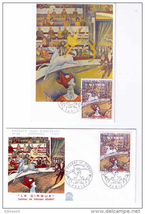 2 Documents Philatéliques Premier Jour, Peinture, Georges Seurat, « Le Cirque », 1969 - Circo