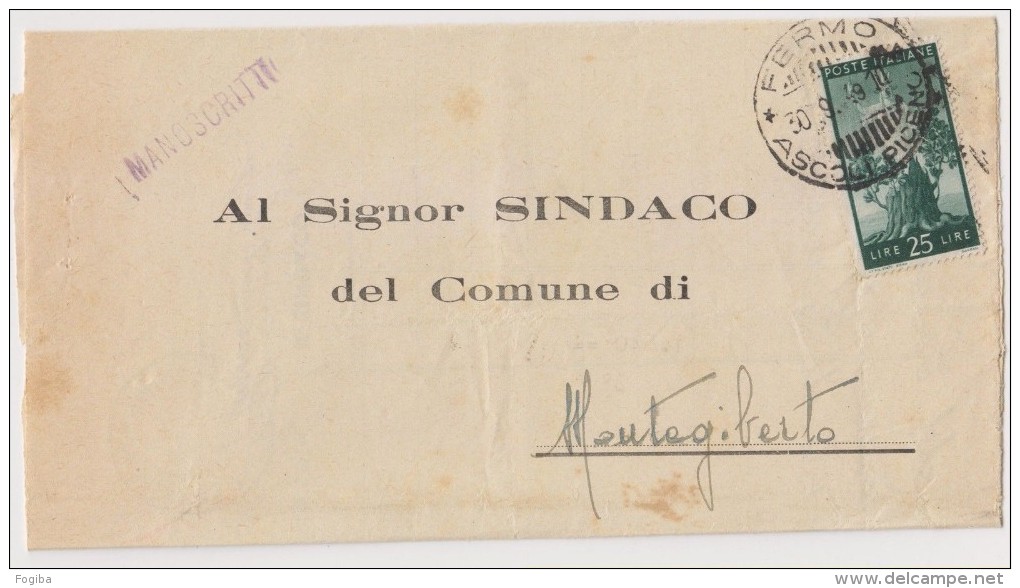 1949 TARIFFA MANOSCRITTI L.25 DEMOCRATICA ISOLATO - 1946-60: Storia Postale