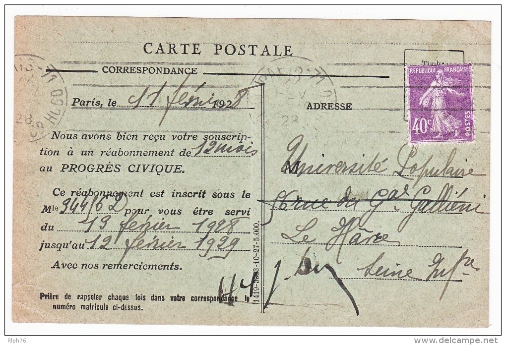 LE QUOTIDIEN - LE PROGRES CIVIQUE - RARE CARTE DE REABONNEMENT 1928 - VOYAGEE  - ETAT VOIR SCAN - - Français