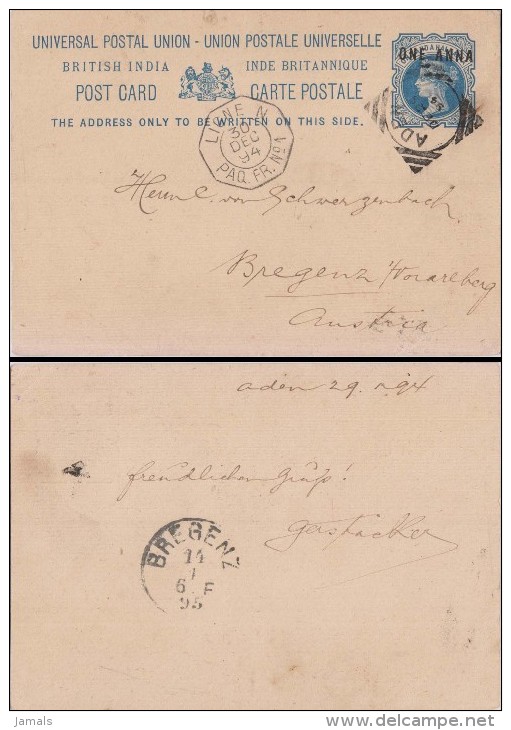 Br India Queen Victoria, UPU Postal Card Used In ADEN, PAQ FR # 1 LIGNE Postmark, Carried By French Steamer, Inde Indien - 1882-1901 Empire