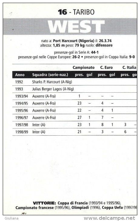 Cartolina Autografata "Taribo West"  Inter F.C. - Handtekening