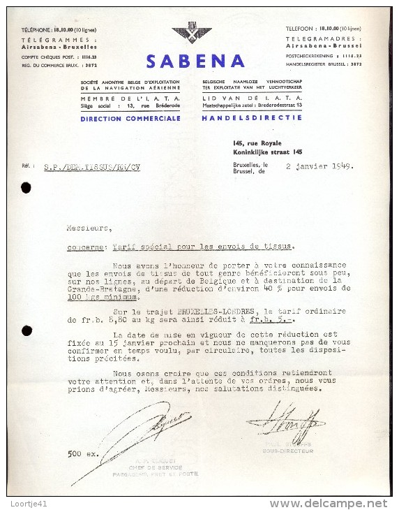 Factuur Facture Brief Lettre  - SABENA - Bruxelles -1949 - 1900 – 1949