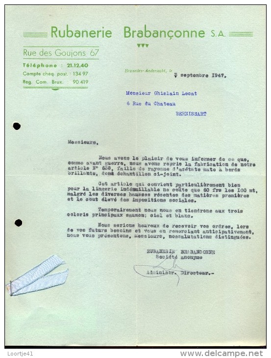 Factuur Facture Brief Lettre  - Rubanerie Brabançonne - Bruxelles 1947 - 1900 – 1949