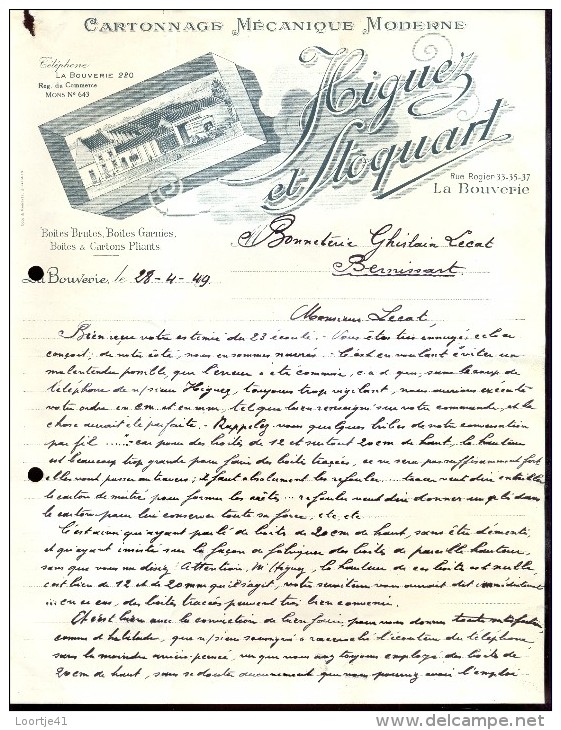 Factuur Facture Brief Lettre  - Cartonnage Higuez & Stoquart - La Bouverie - Bernissart 1949 - 1900 – 1949