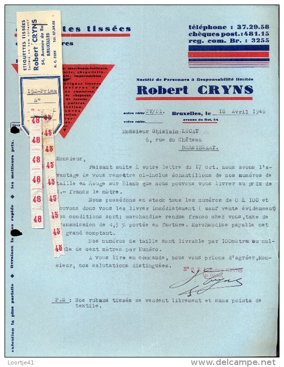 Factuur Facture Brief Lettre  - étiquettes Tissées - Robert Cryns - Bruxelles 1946 - 1900 – 1949