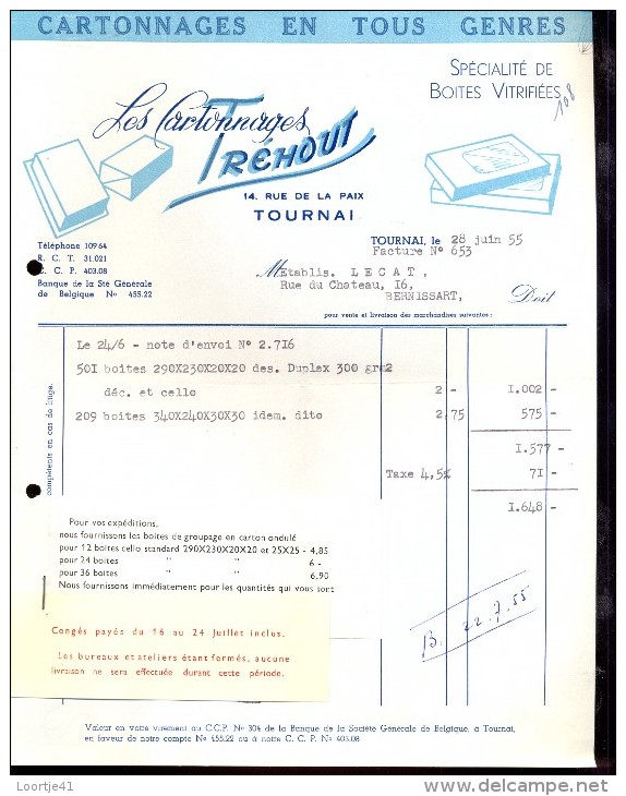 Factuur Facture Brief Lettre  - Cartonnages Tréhout Tournai Doornik 1955 - 1950 - ...