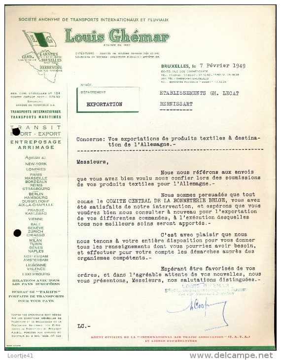 Factuur Facture Brief Lettre  - Transport Louis Ghémar - Bruxelles 1949 - 1900 – 1949