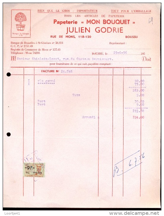 Factuur Facture Brief Lettre  - Papeterie Mon Bouquet Julien Godrie - Boussu -1956 - 1900 – 1949
