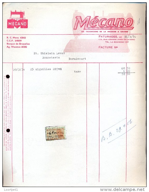 Factuur Facture Brief Lettre  - Machine à Coudre - Mécano - Paturages 1956 - 1900 – 1949