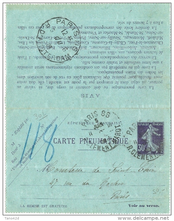 LCOL5 - CARTE LETTRE PNEUMATIQUE SEMEUSE 30c - Pneumatiques