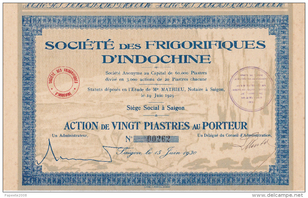 Indochine - Société Des Frigorifiques D'Indochine - Action De 20 Piastres - 1930 - Asien