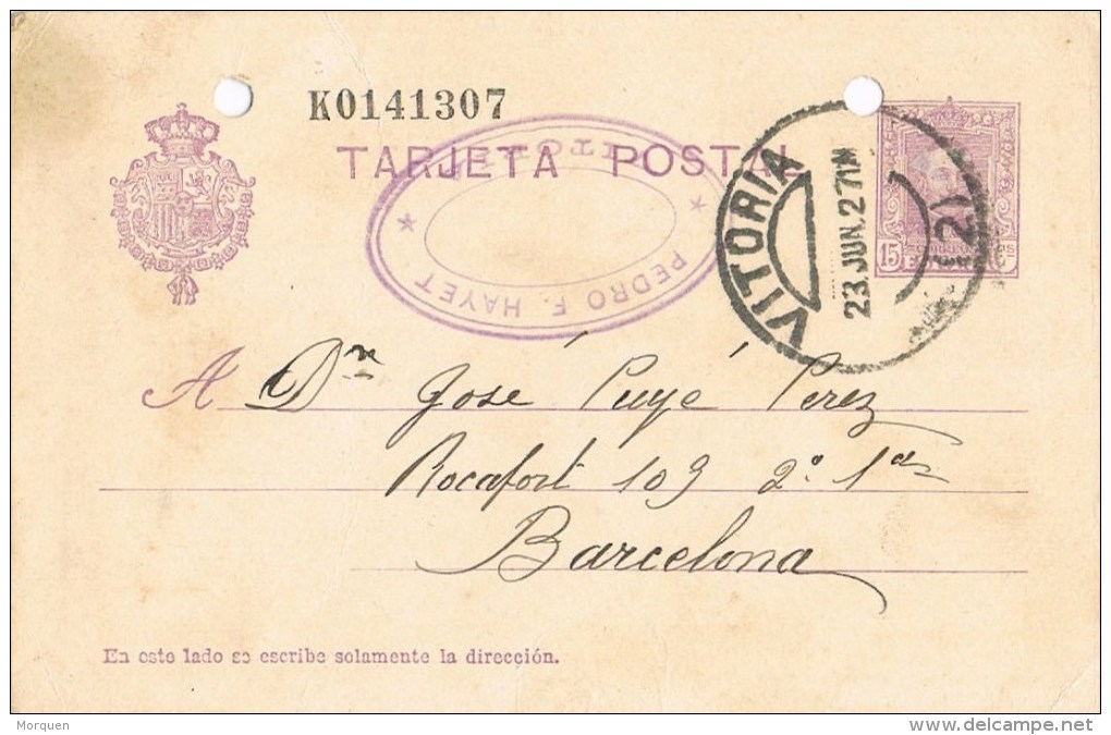 7506. Entero Postal VITORIA 1927. Alfonso XIII Vaquer, Num 57n - 1850-1931