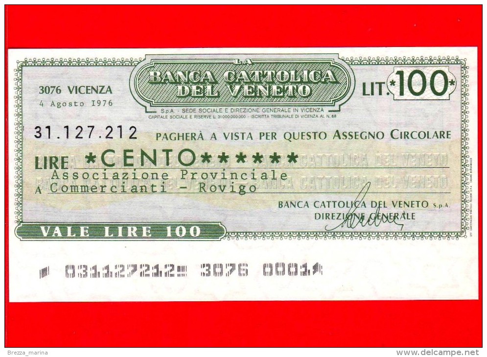 MINIASSEGNI - BANCA CATTOLICA DEL VENETO - L. 100 - Nuovo - FdS - [10] Assegni E Miniassegni